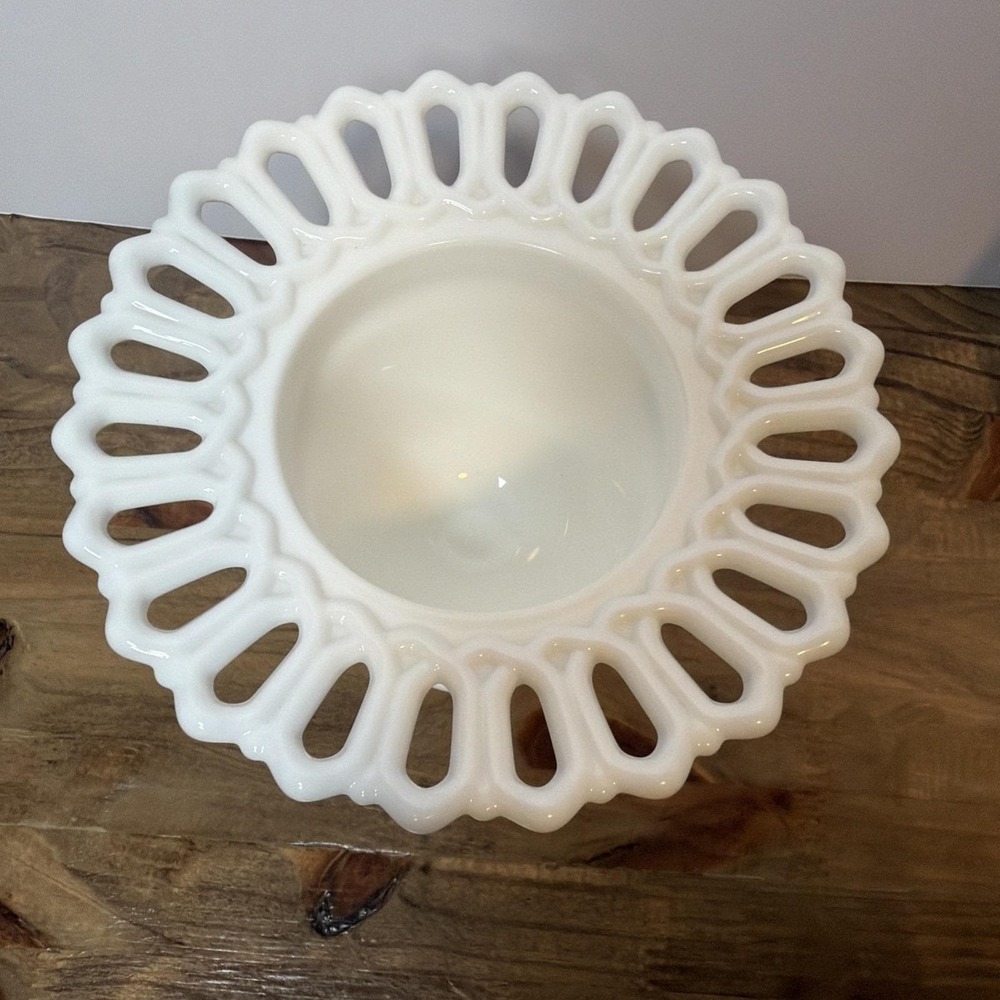 Vintage Milk Glass Pedestal Compote Vase Open Lace Rim Fluted Footed Bowl - Picture 8 of 8